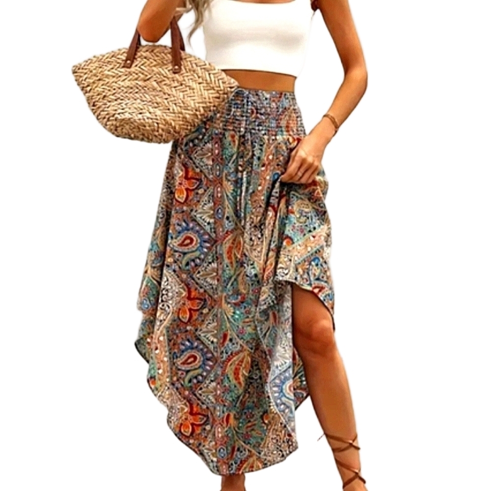 Bohemian Hi-Lo Skirt Paisley Summer Vacay Skirts S M L Plus size Outfits - Picture 3 of 9